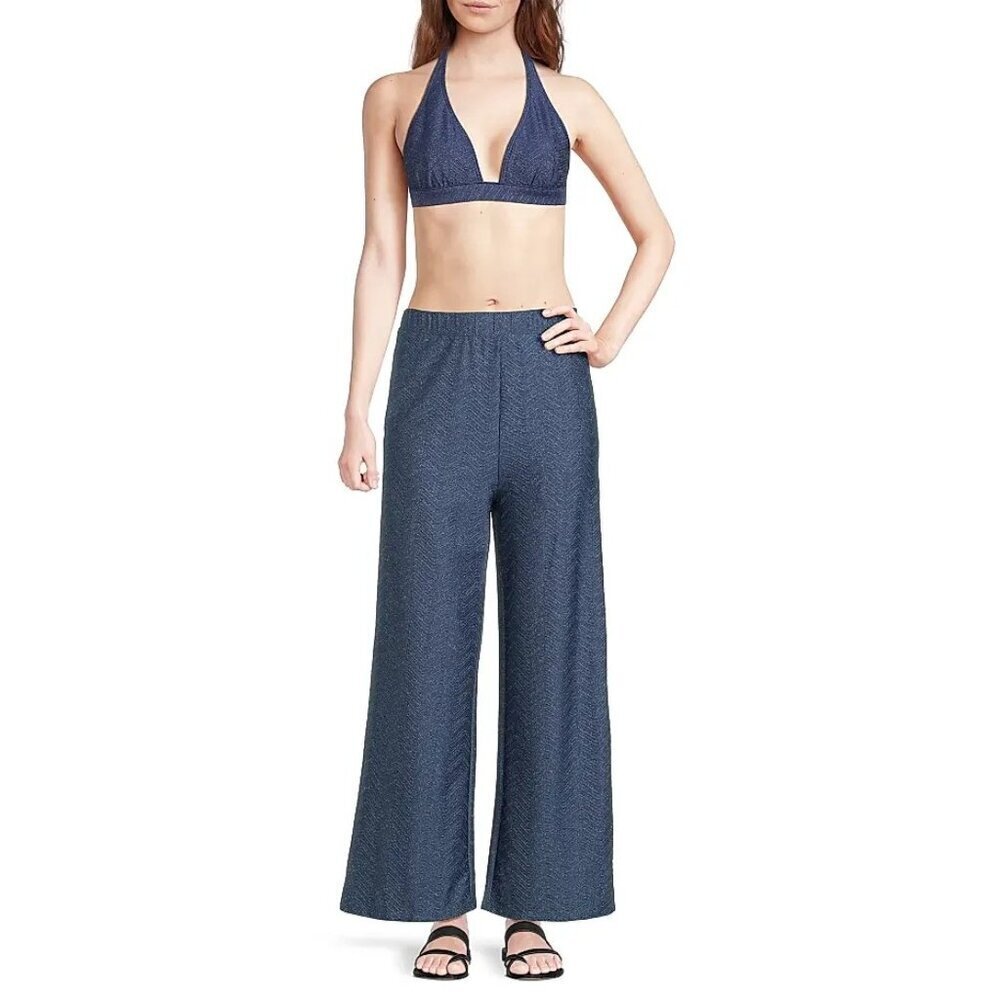 Milly Cabana Chevron Shimmer Pull On Pants Navy Silver Size L Beach Pool Resort
